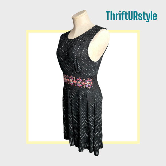 FREE PEOPLE Black Polka Dot Dress with Embroidered Sleeveless Small - Picture 2 of 11